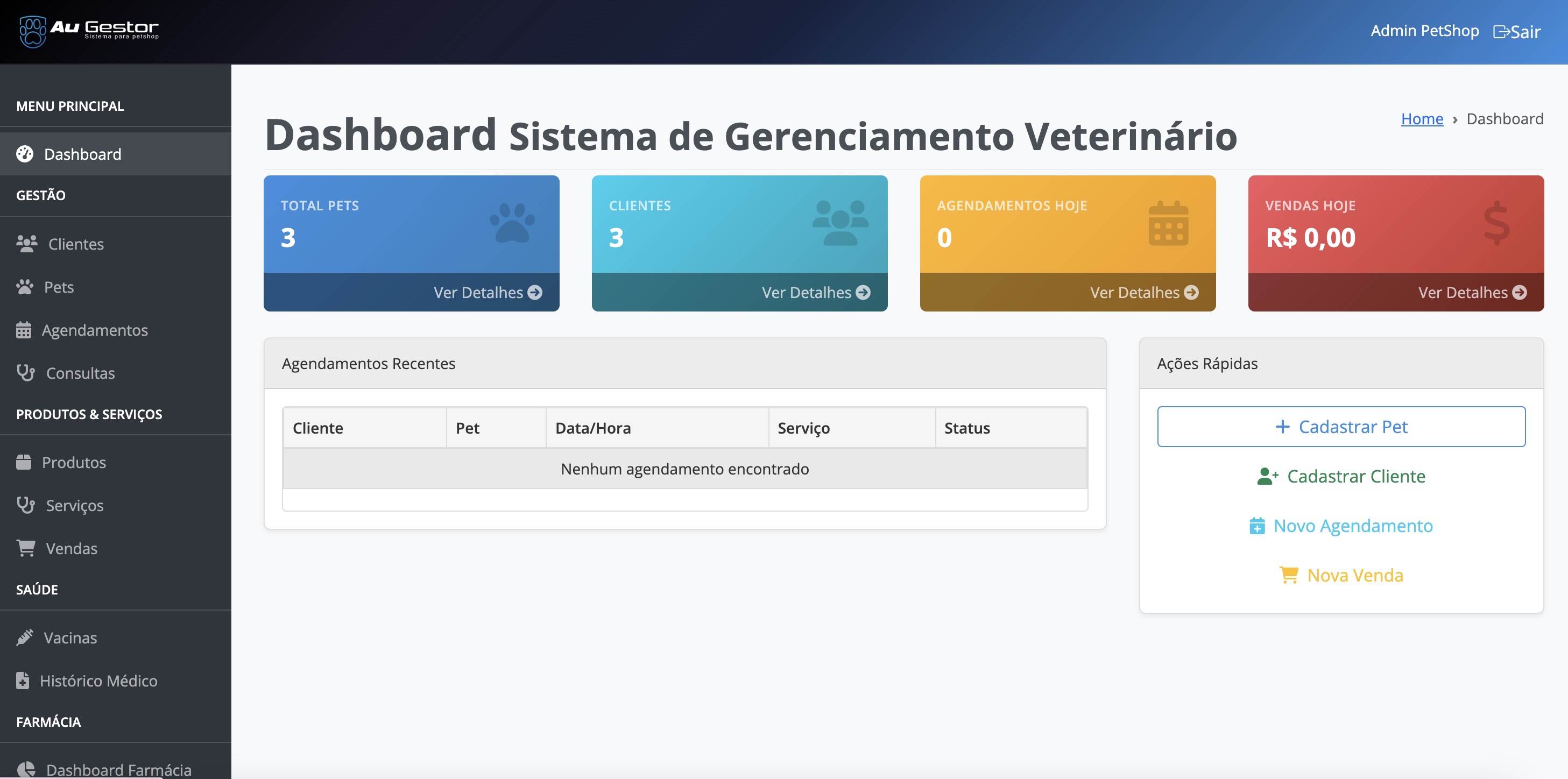 Dashboard do Au Gestor - Painel principal do software de gestão para pet shops e clínicas veterinárias