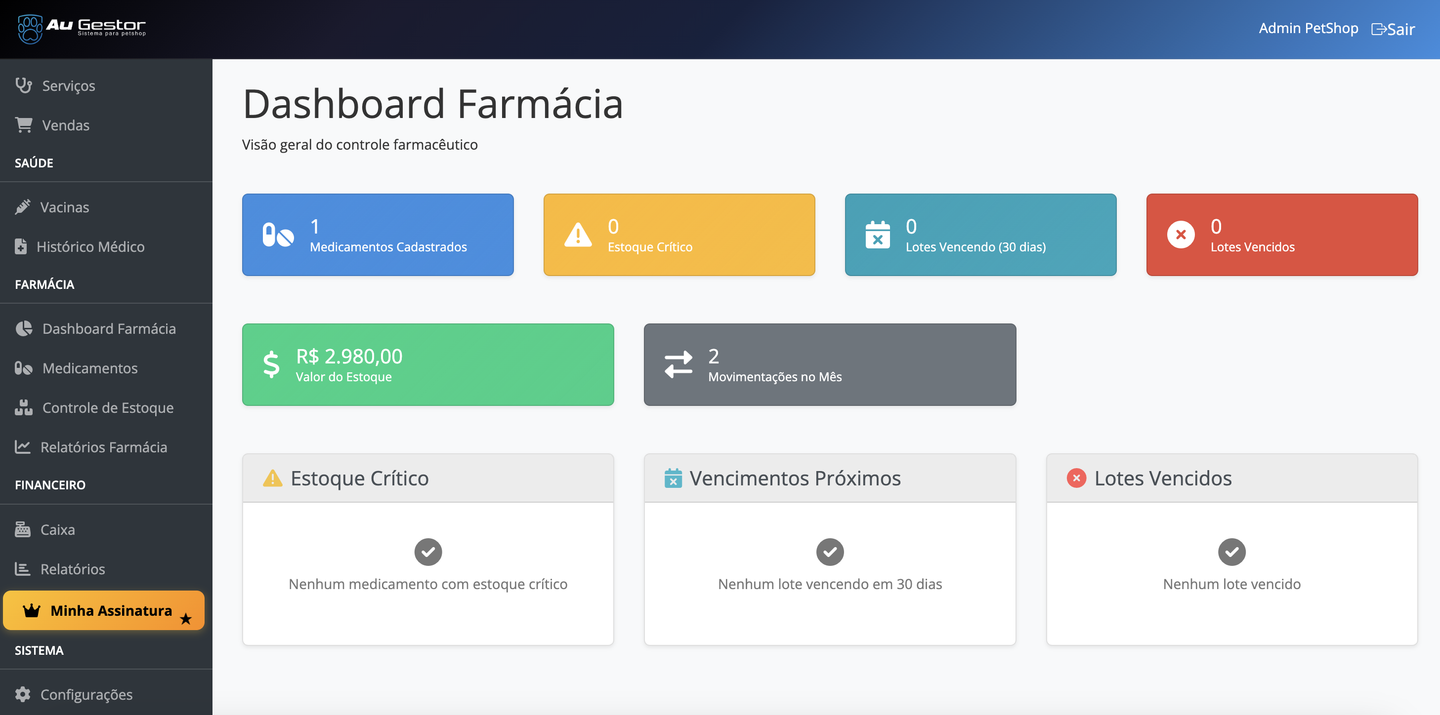 Módulo farmácia veterinária do Au Gestor - Sistema de controle de medicamentos