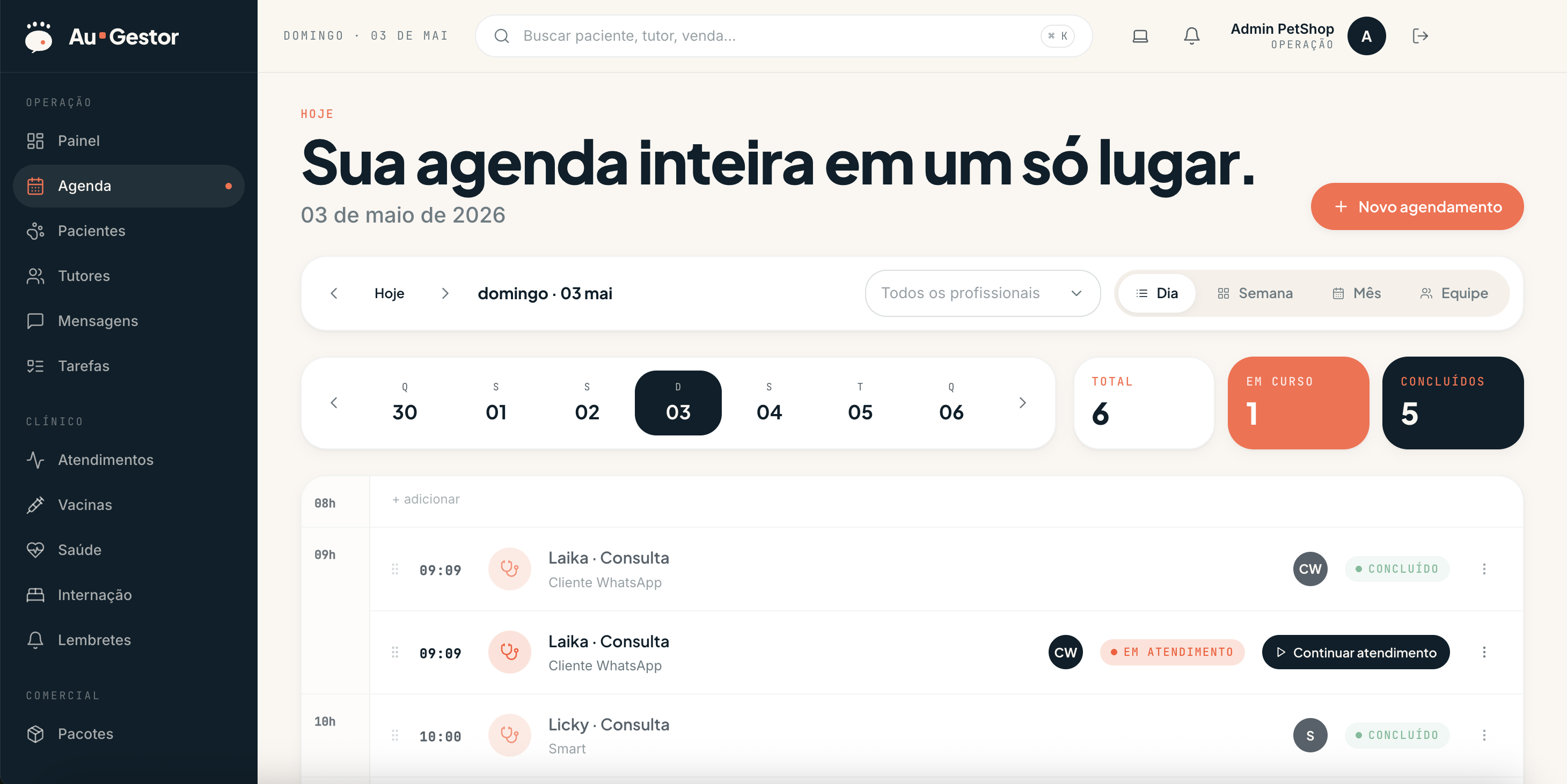 Sua agenda inteira em um só lugar. — funcionalidade do AuGestor para clínicas veterinárias e petshops