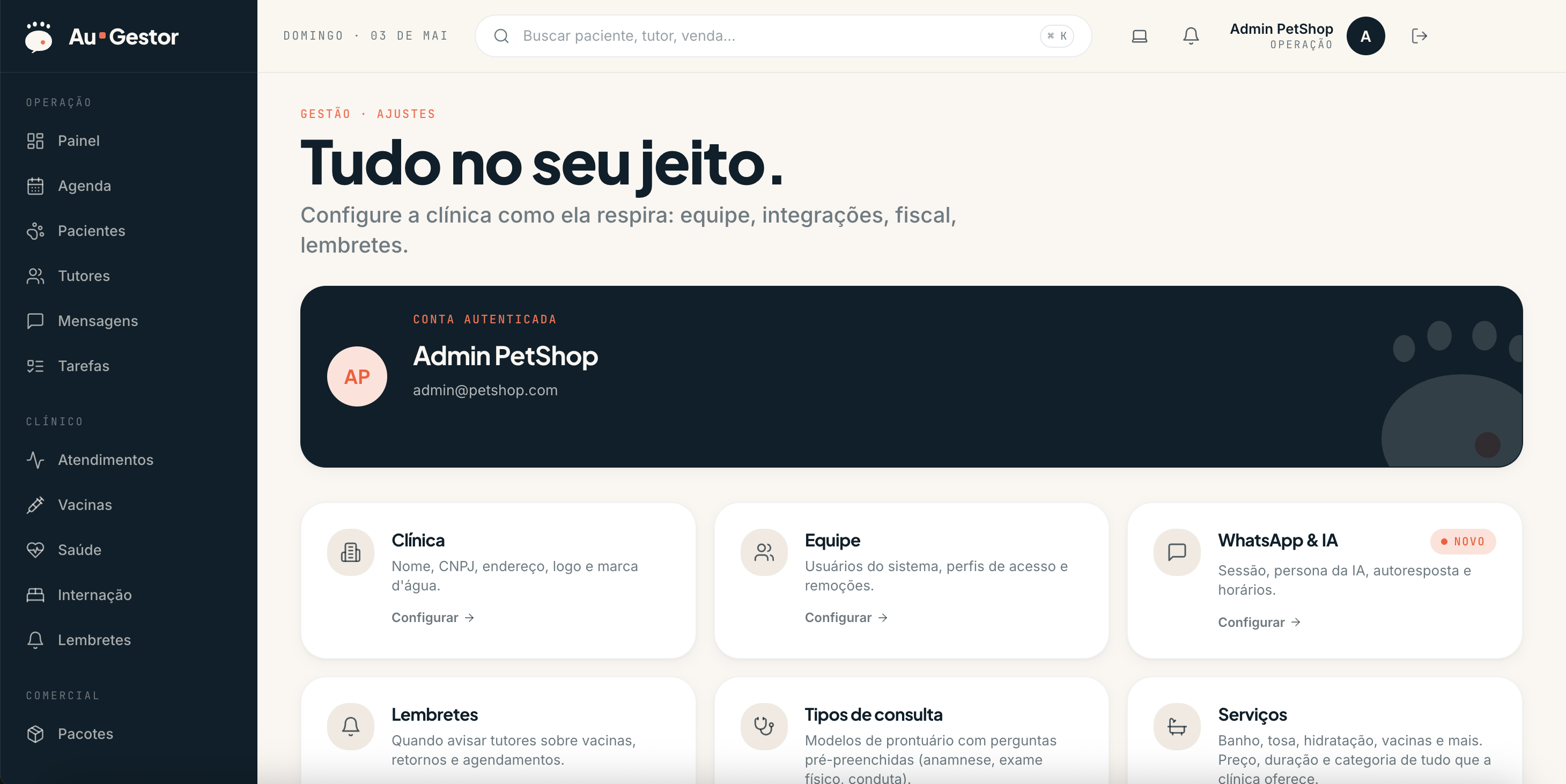 Tudo no seu jeito. — funcionalidade do AuGestor para clínicas veterinárias e petshops