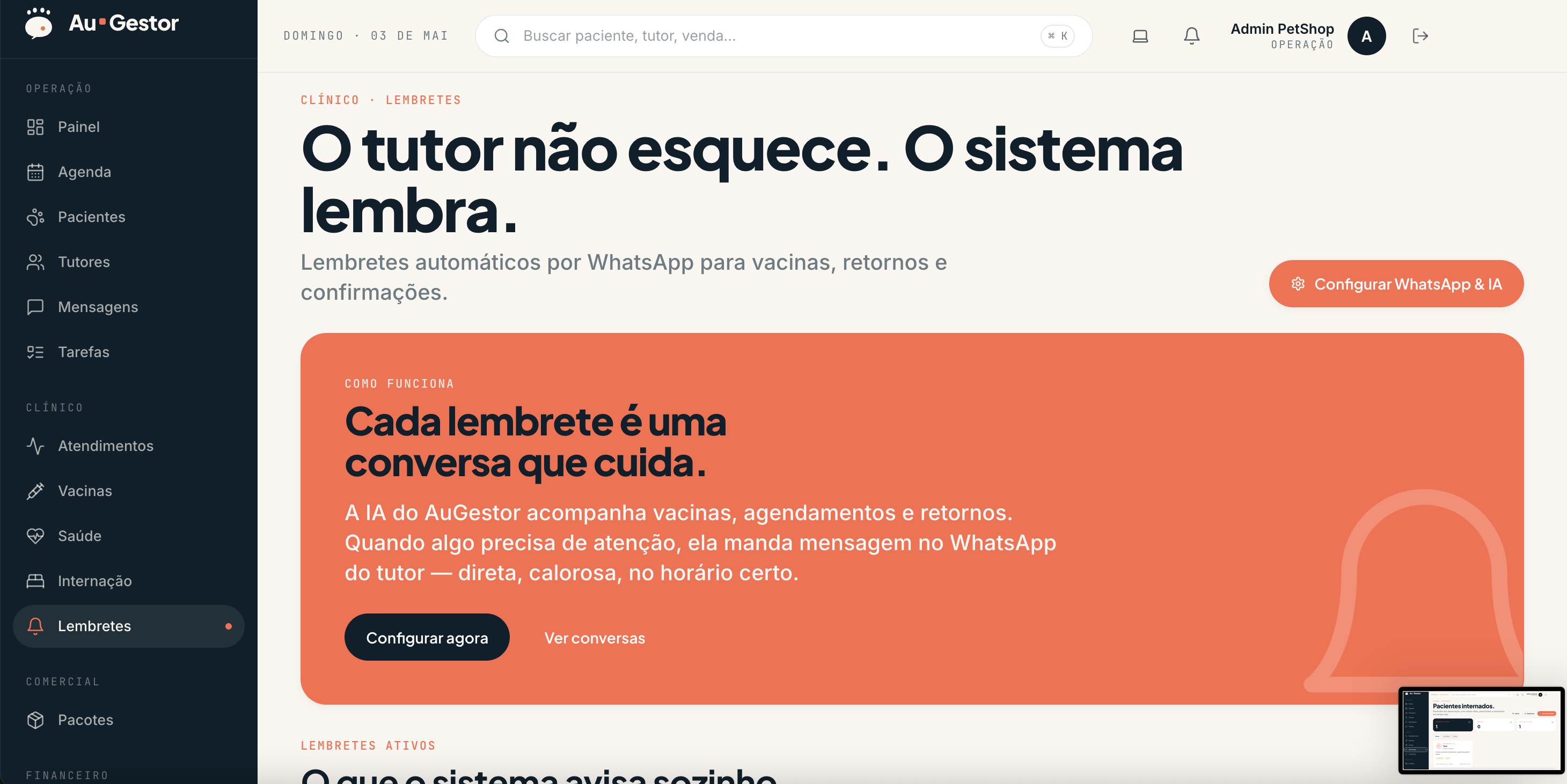 O tutor não esquece. O sistema lembra. — funcionalidade do AuGestor para clínicas veterinárias e petshops
