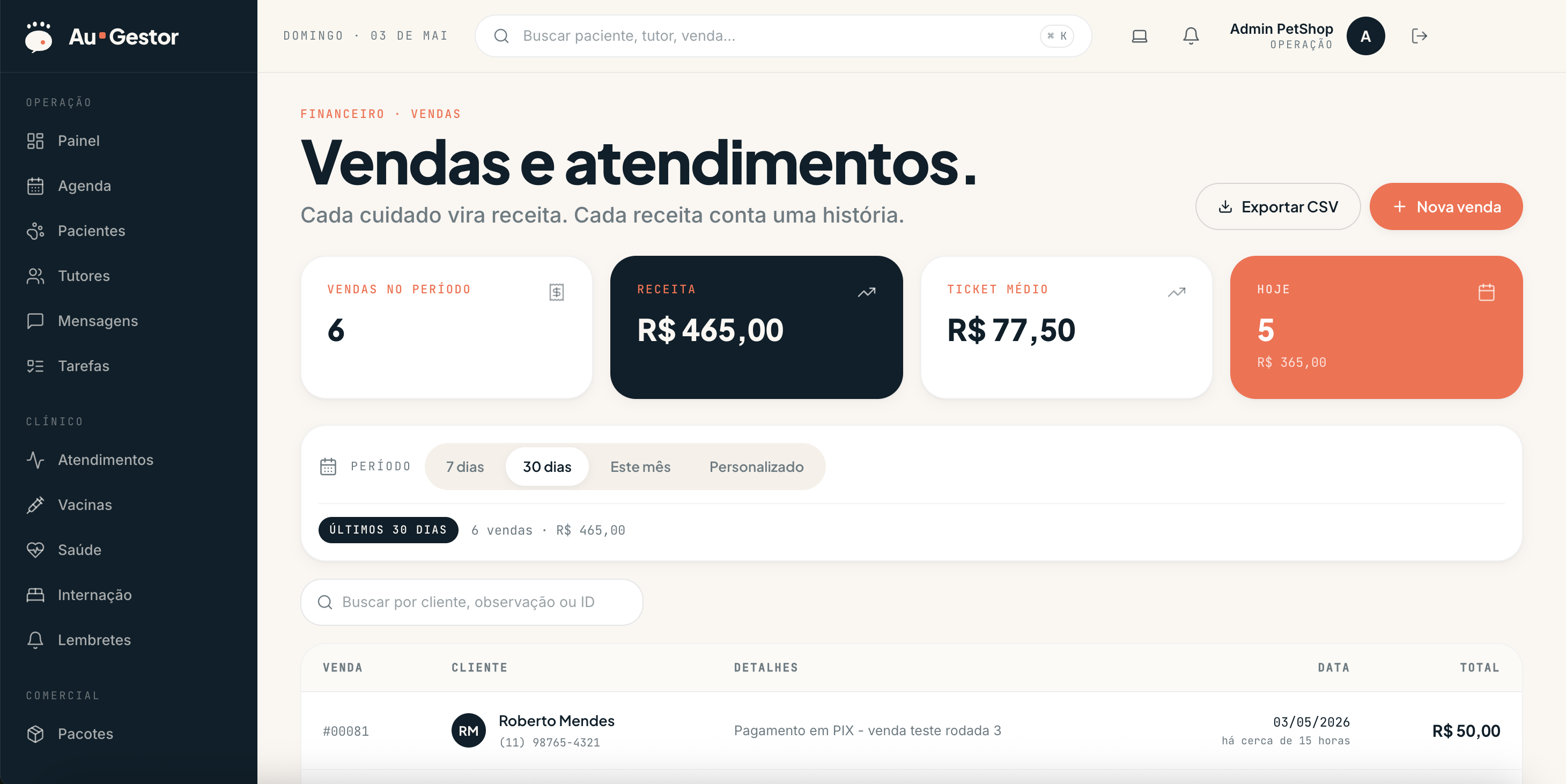 Cada cuidado vira receita. — funcionalidade do AuGestor para clínicas veterinárias e petshops